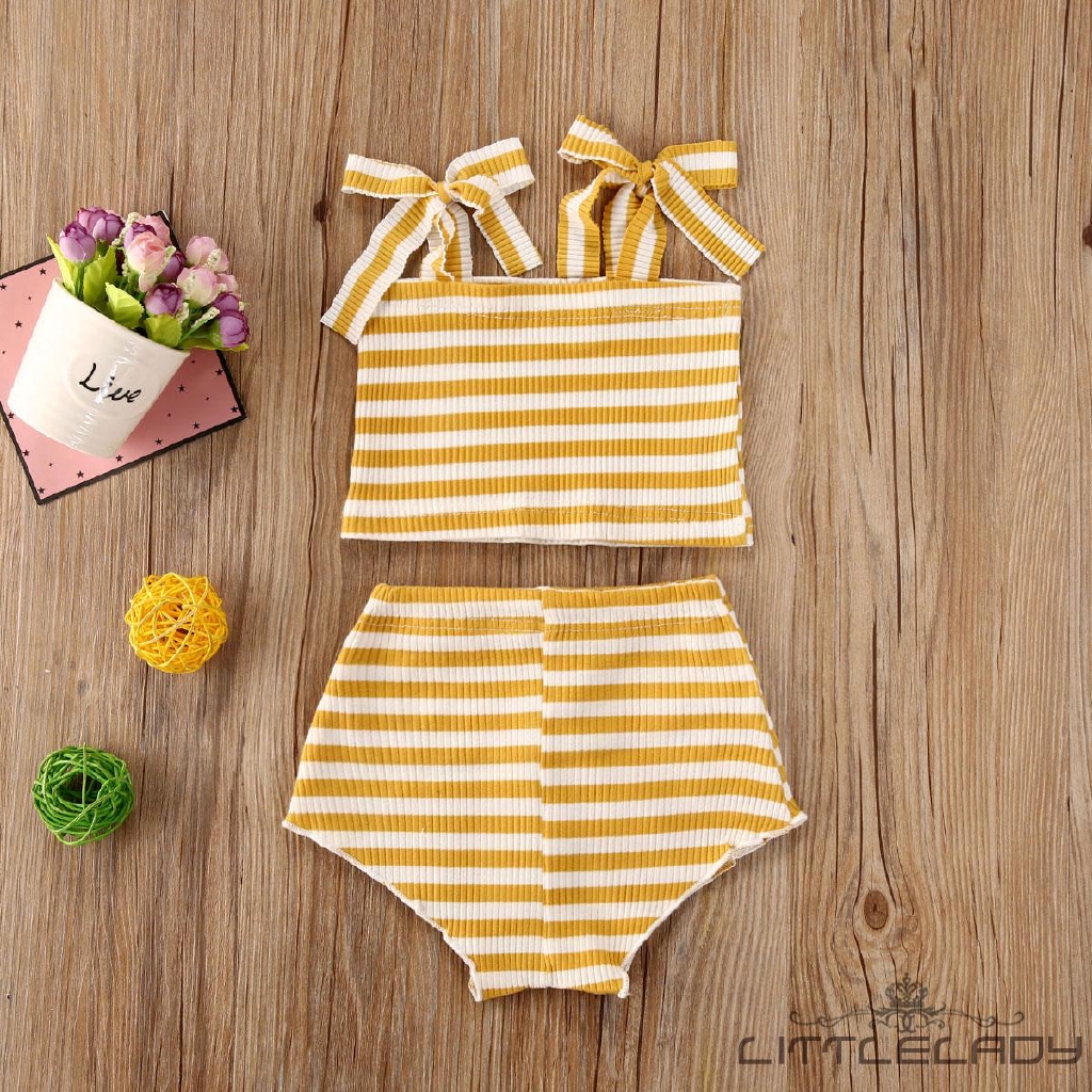 Bộ Áo Croptop Hai Dây + Quần Short Kẻ Sọc Cho Bé Gái