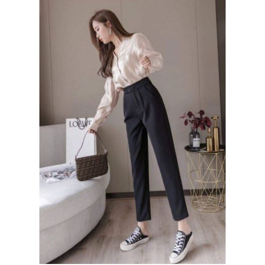 Quần Baggy Công Sở Cạp Cao 2 Cúc Bấm màu Đen Dài Ông Bằng M222
