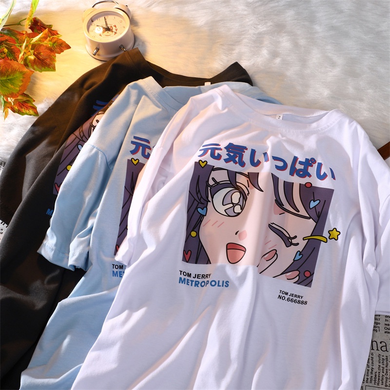 Áo Thun Tay Ngắn Cổ Tròn In Họa Tiết Anime Phong Cách Retro Nhật Bản Cho Nữ
