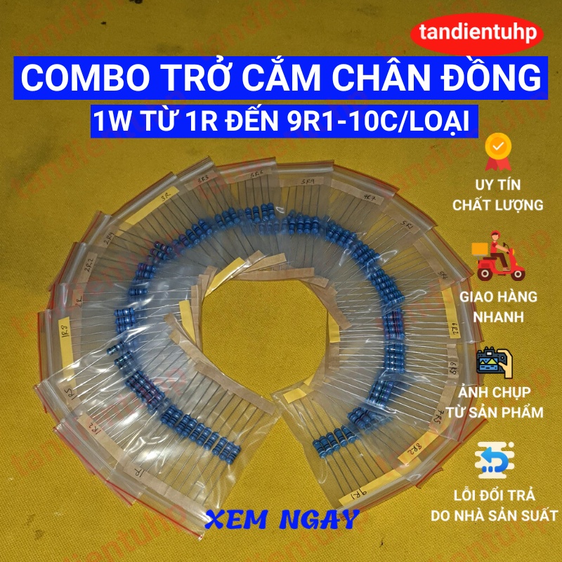 Trở cắm 1W màng kim loại, chân Đồng, sai số 1% , 21 mã từ 1R đến 9R1 mỗi mã 10 chiếc, thương hiệu Đài Loan