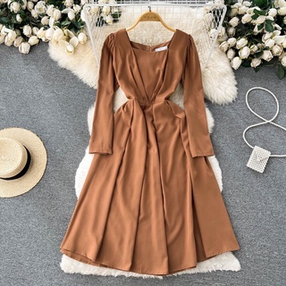 Đầm Midi Cổ Vuông Tay Dài Ôm Eo Xếp Ly Kiểu Pháp Thời Trang Mùa Thu Cho Nữ