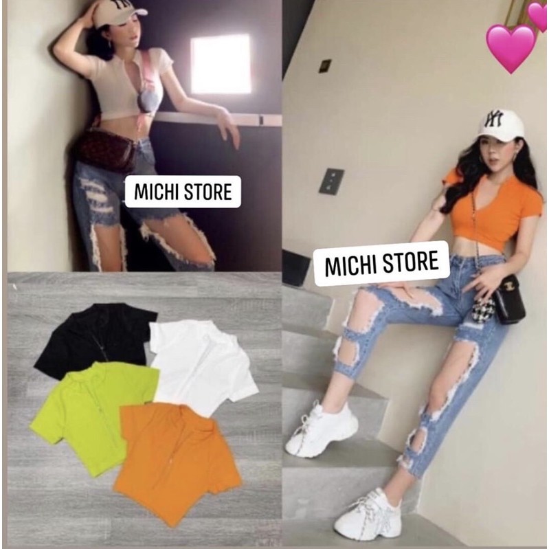 Áo croptop khoá kéo tay ngắn dáng ôm, áo thun croptop