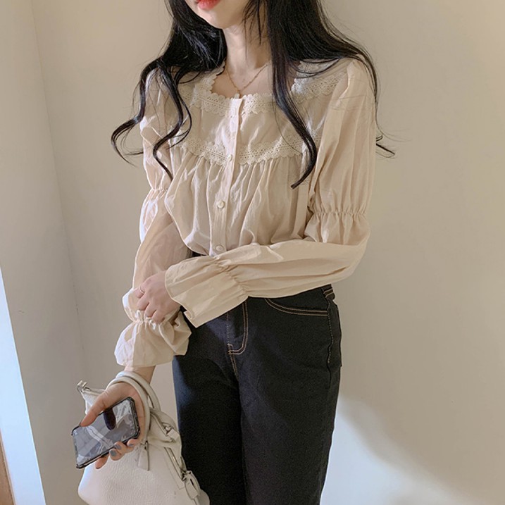 Áo sơ mi nữ babydoll cổ vuông dài tay - Áo sơ mi nữ  vintage 2 màu trắng be (có hình thật/video/sẵn). cicidream
