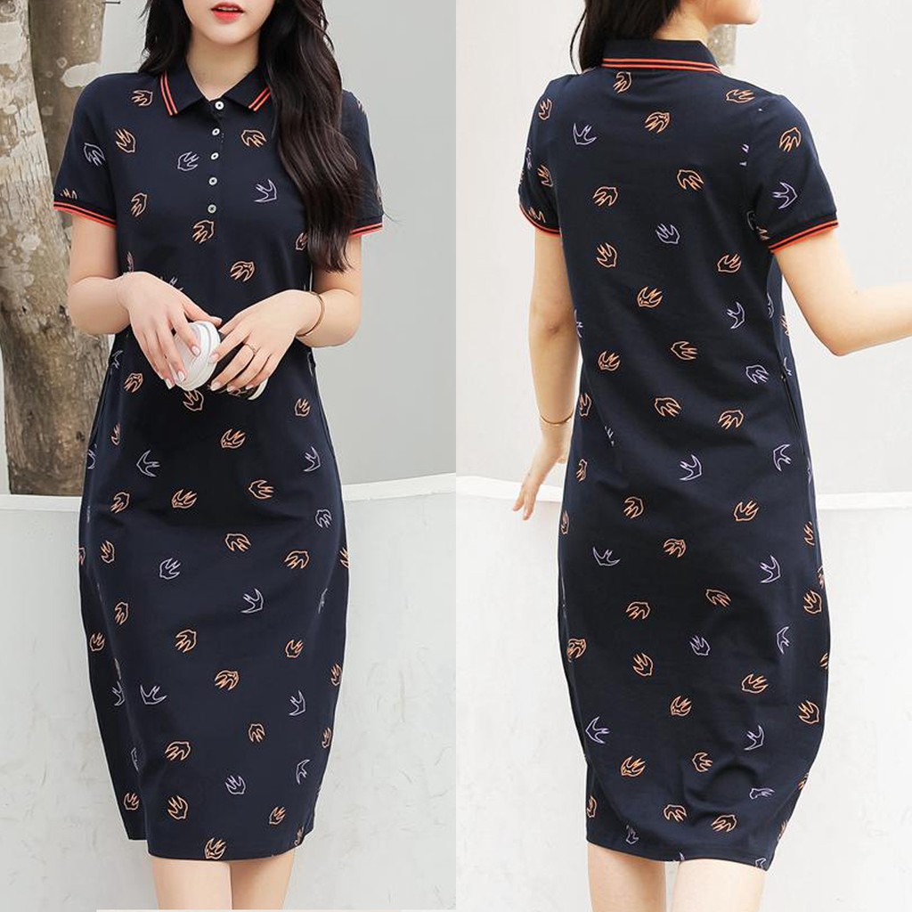 Đầm thun cotton suông Polo, ngắn tay, hàng chính hãng, dáng dài trùm gối (45kg-80kg)