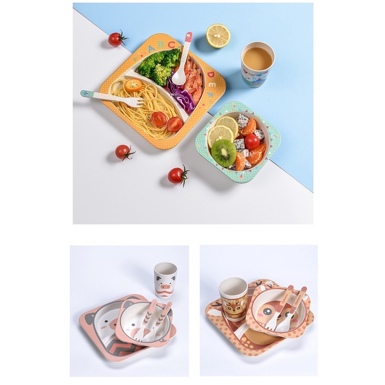 Set Ăn Dặm 5 món Cho Bé Hình Động Vật Gồm Cốc, Bát, Thìa, Dĩa và Khay 2 Ngăn Làm Từ Tre Bamboo Kháng Khuẩn - LAI'S STORE