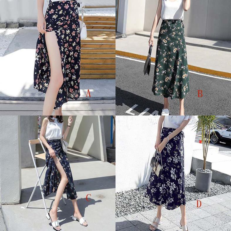 Chân váy chữ A dài vải chiffon thiết kế xẻ tà với họa tiết hoa điệu đà cho nữ 😘