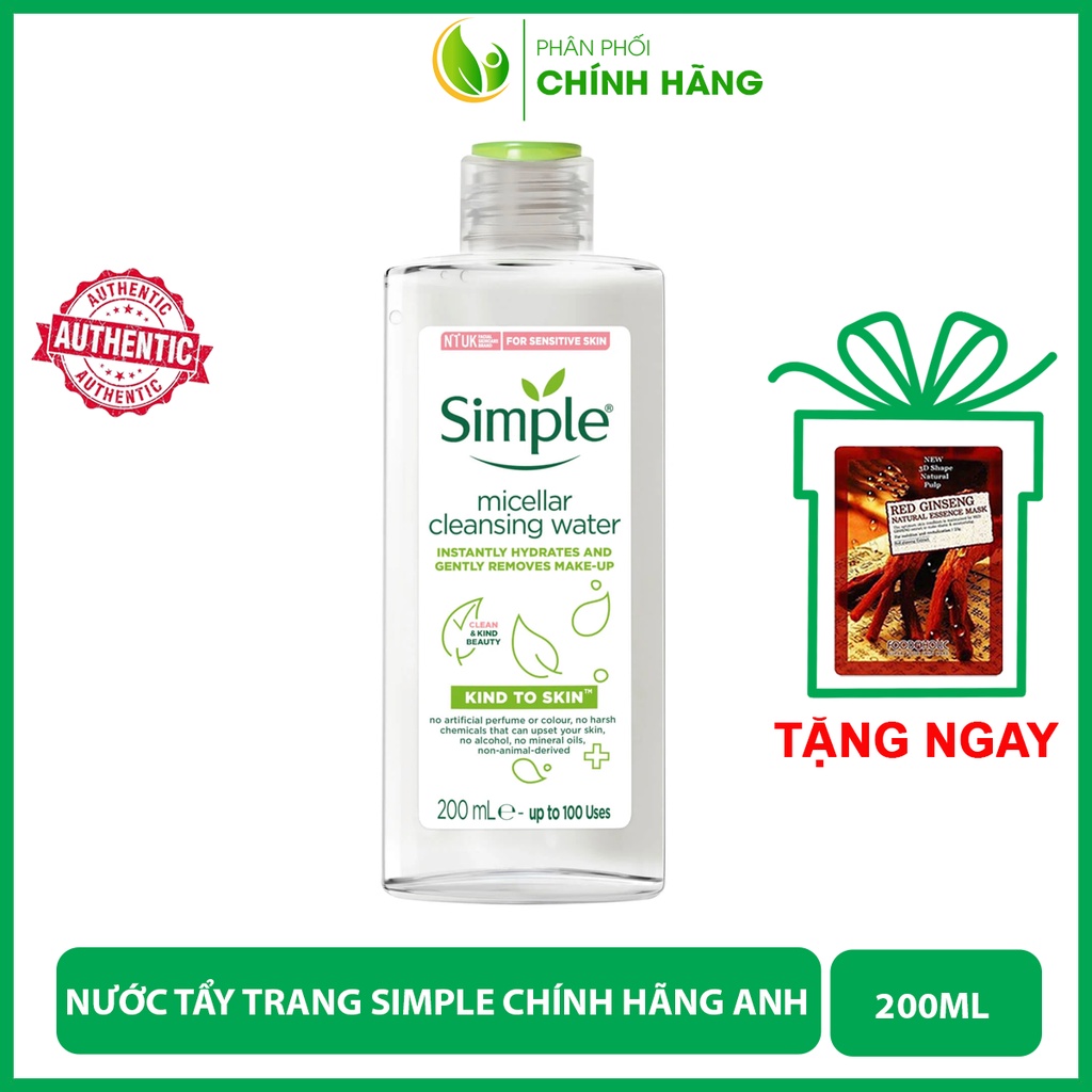 Nước tẩy trang Simple Micellar UK chính hãng, Simple tẩy trang cho da nhạy cảm, da dầu, da khô