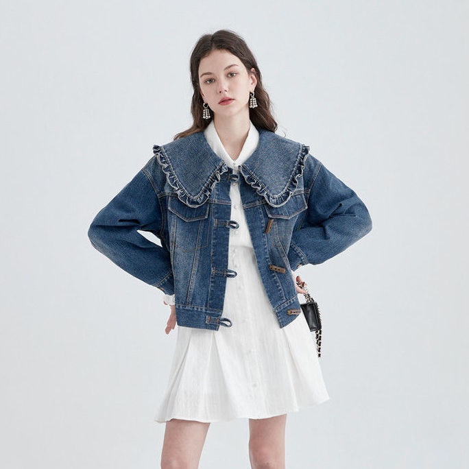 ☍Áo Khoác Denim Cổ Búp Bê Phong Cách Hong Kong Thời Trang Mùa Xuân 2022 Mới Cho Nữ