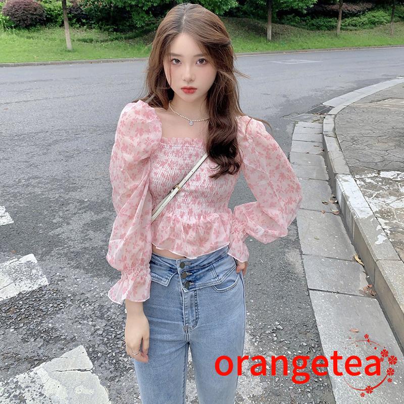Áo Croptop Chiffon Tay Dài Cổ Vuông In Họa Tiết Hoa Thời Trang Cho Nữ