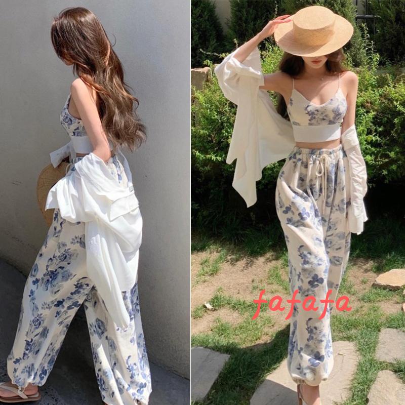 Set Đồ 2 Món Gồm Áo Hai Dây Cổ Chữ V In Họa Tiết Hoa + Quần Dài Lưng Thun Dây Rút Cho Nữ