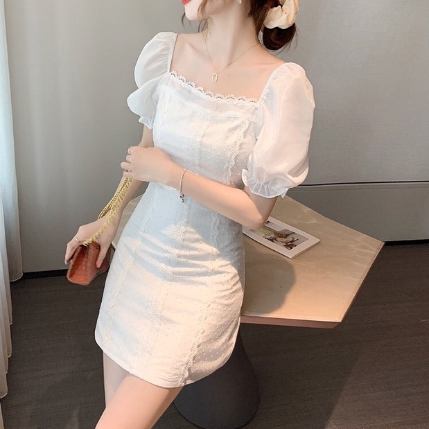 Đầm Dự Tiệc Sang Trọng Ôm Body PRETTY CLOSET Váy Trắng Tiểu Thư Sang Chảnh Tay Bồng Cổ Vuông Phong Cách Hàn Quốc V27