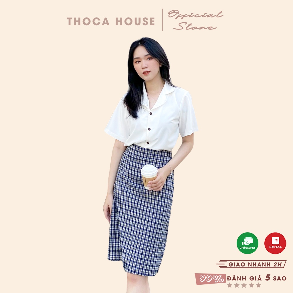 Chân váy caro dáng A ulzzang xẻ tà sau màu nâu, xanh THOCA HOUSE vintage cực xinh, dễ phối đồ