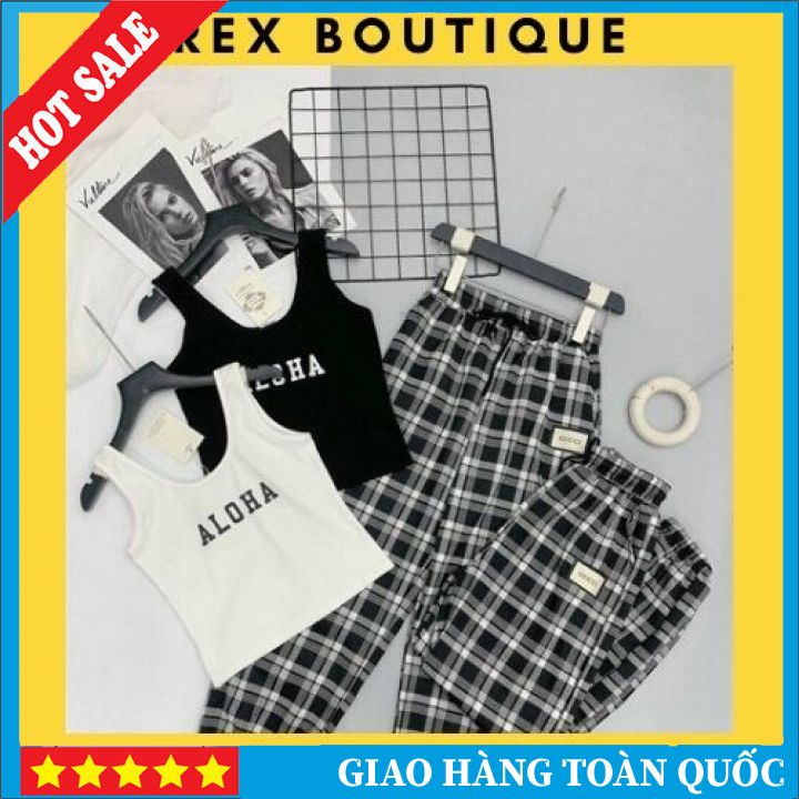 Set Bộ Đi Chơi Quần Kate Kẻ Sọc Áo Thun 3 Lỗ Nữ In Chữ