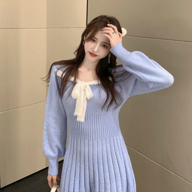 French Slim Knit Dress Women's 2021 Spring Dress New Korean Version Versatile Slim Temperament Net Red Long Sleeve Skirt