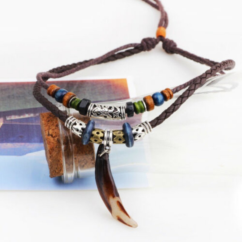 Vòng Cổ Dây Da Mặt Hình Răng Sói Phong Cách Vintage Cho Nam