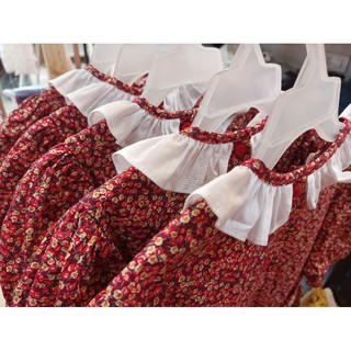 Đầm smock đỏ bản trám nâu