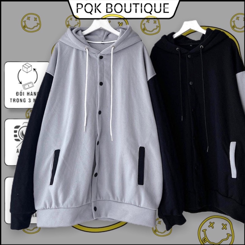 [sẵn] Áo Khoác Nỉ Nút Gài Phối Màu Xám Đen - pqk boutique