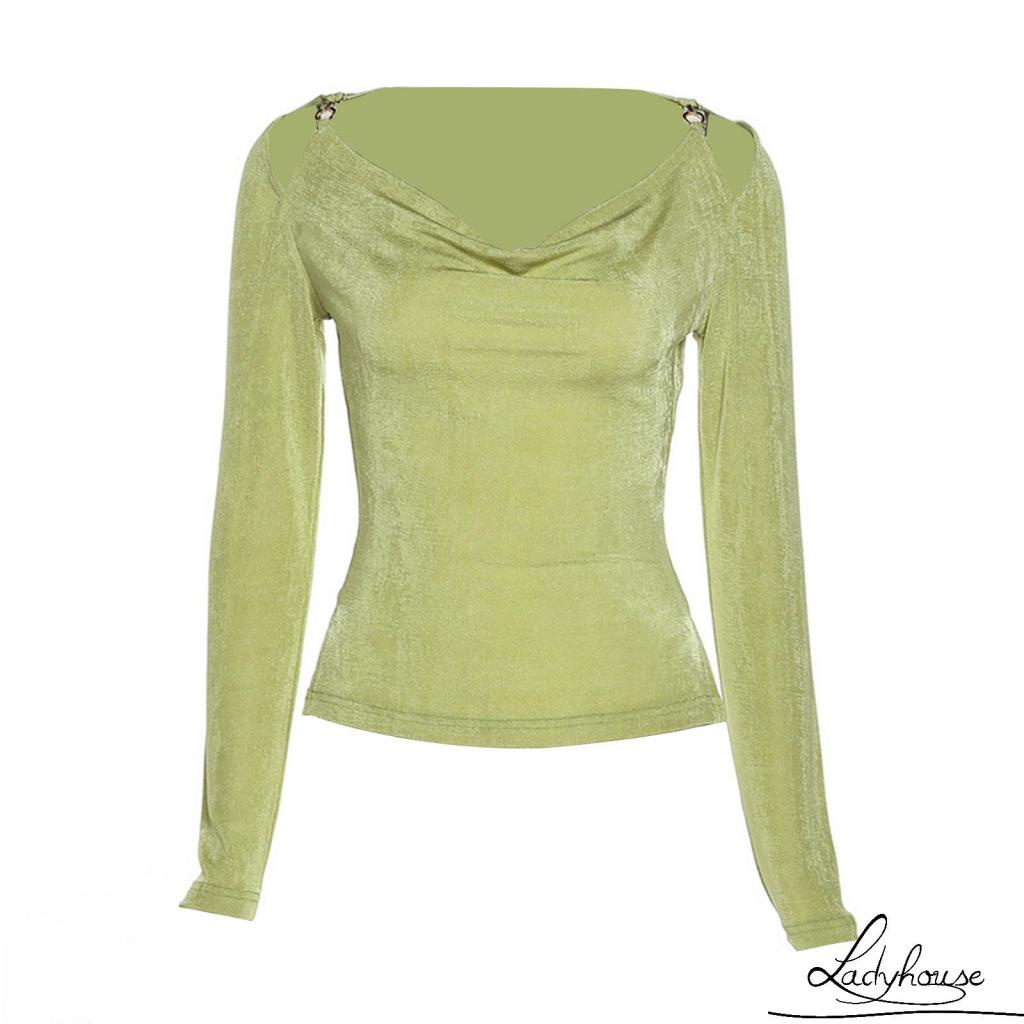 Áo thun tay dài khoét vai màu sắc đơn giản dành cho nữ