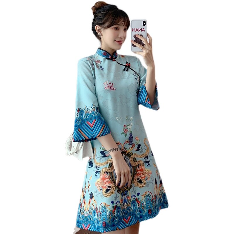 Đầm sườn xám Trung Hoa dáng chữ A tay lỡ thời trang nữ