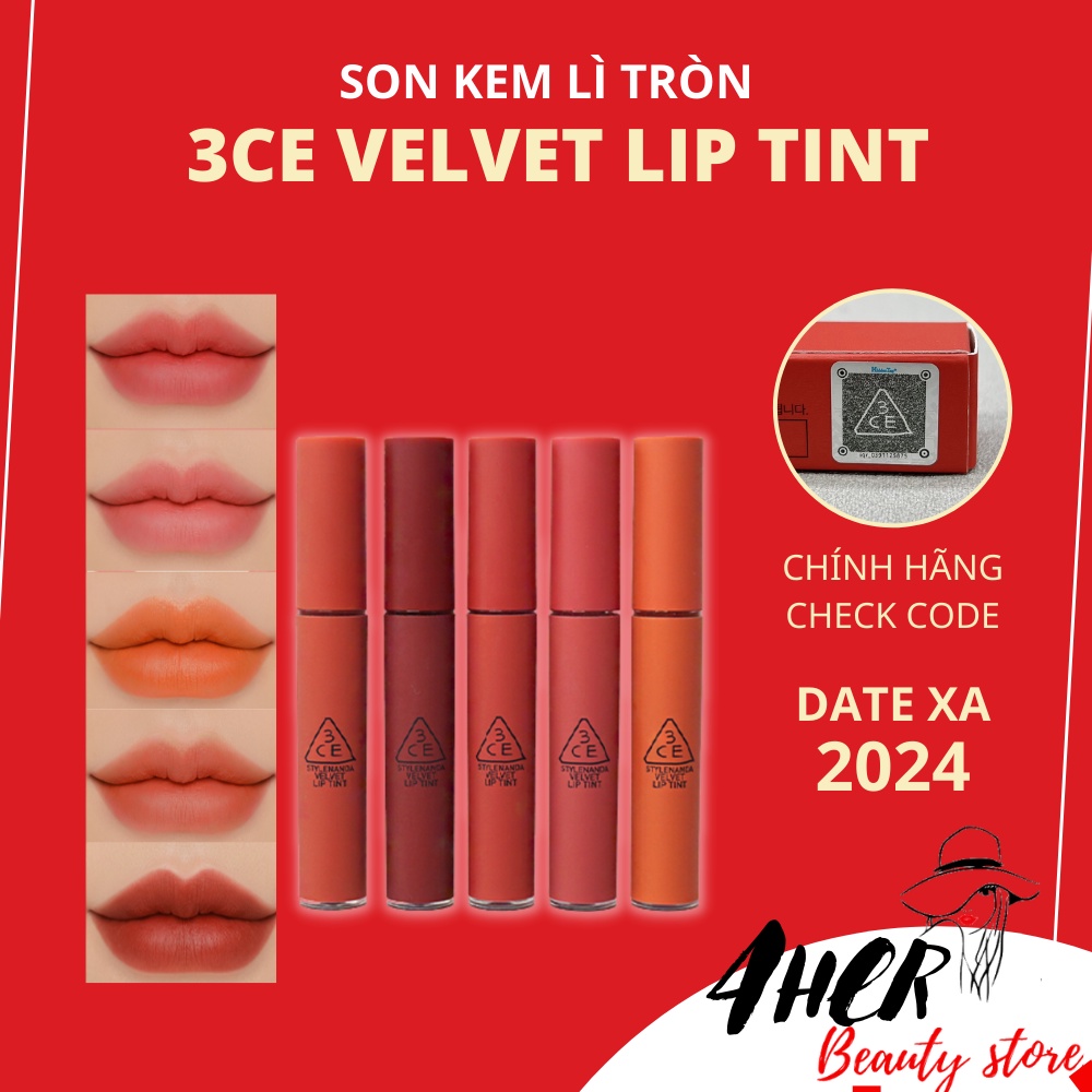 Son kem lì 3CE Velvet Lip Tint tròn Chính hãng, Date 2024