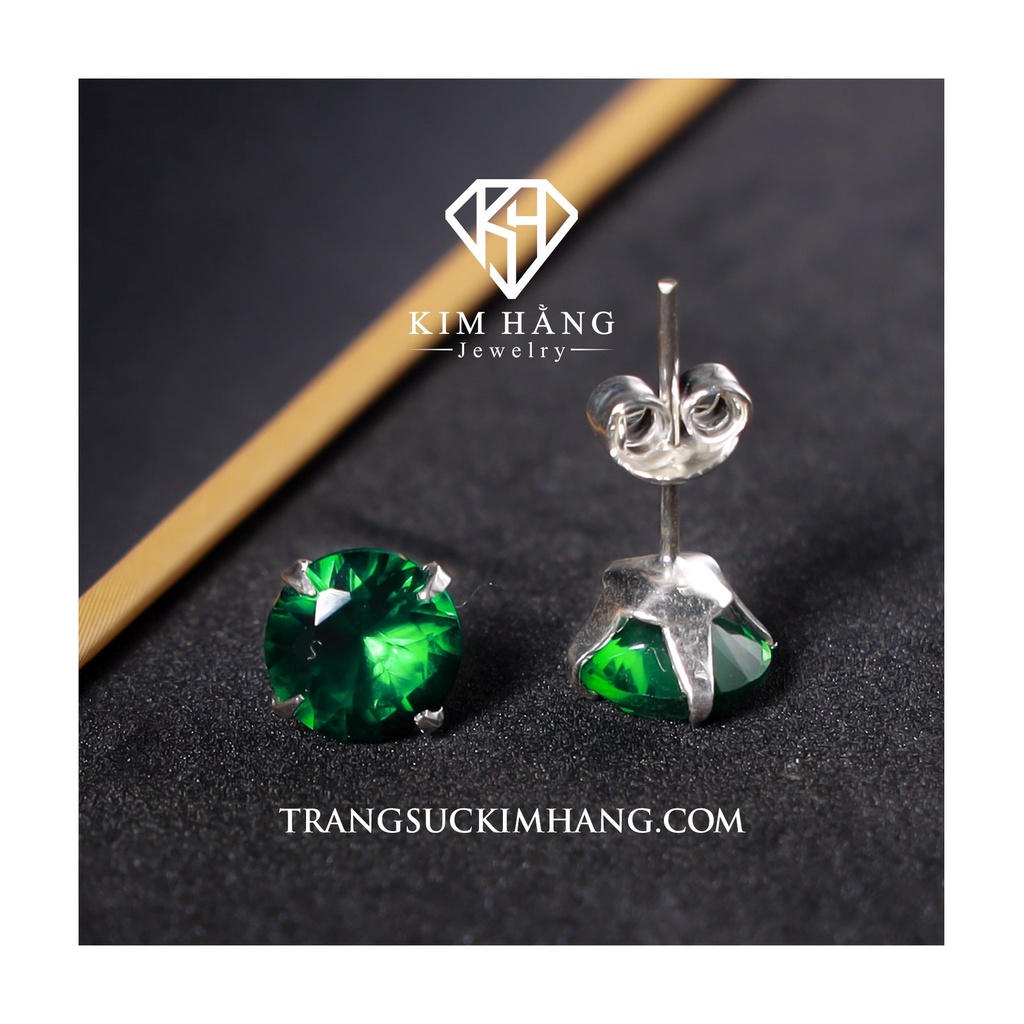 Khuyên Tai Bạc Nụ Tròn Đá Xanh Lá KHJER074- Chốt Đẩy