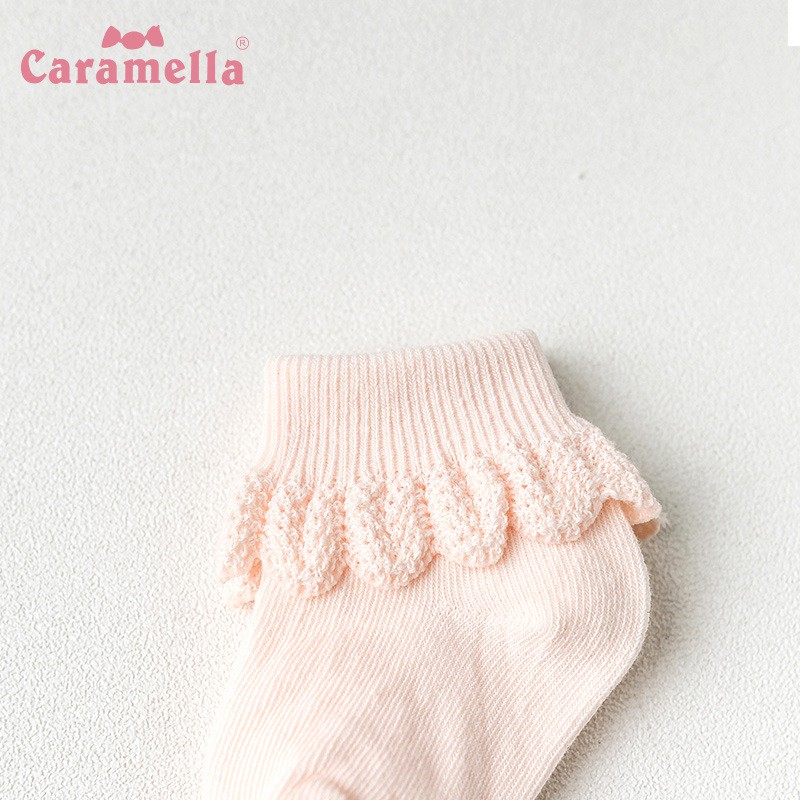 Tất cotton trơn màu trẻ em hiệu CARAMELLA 5 đôi vớ nhún bèo dễ thương