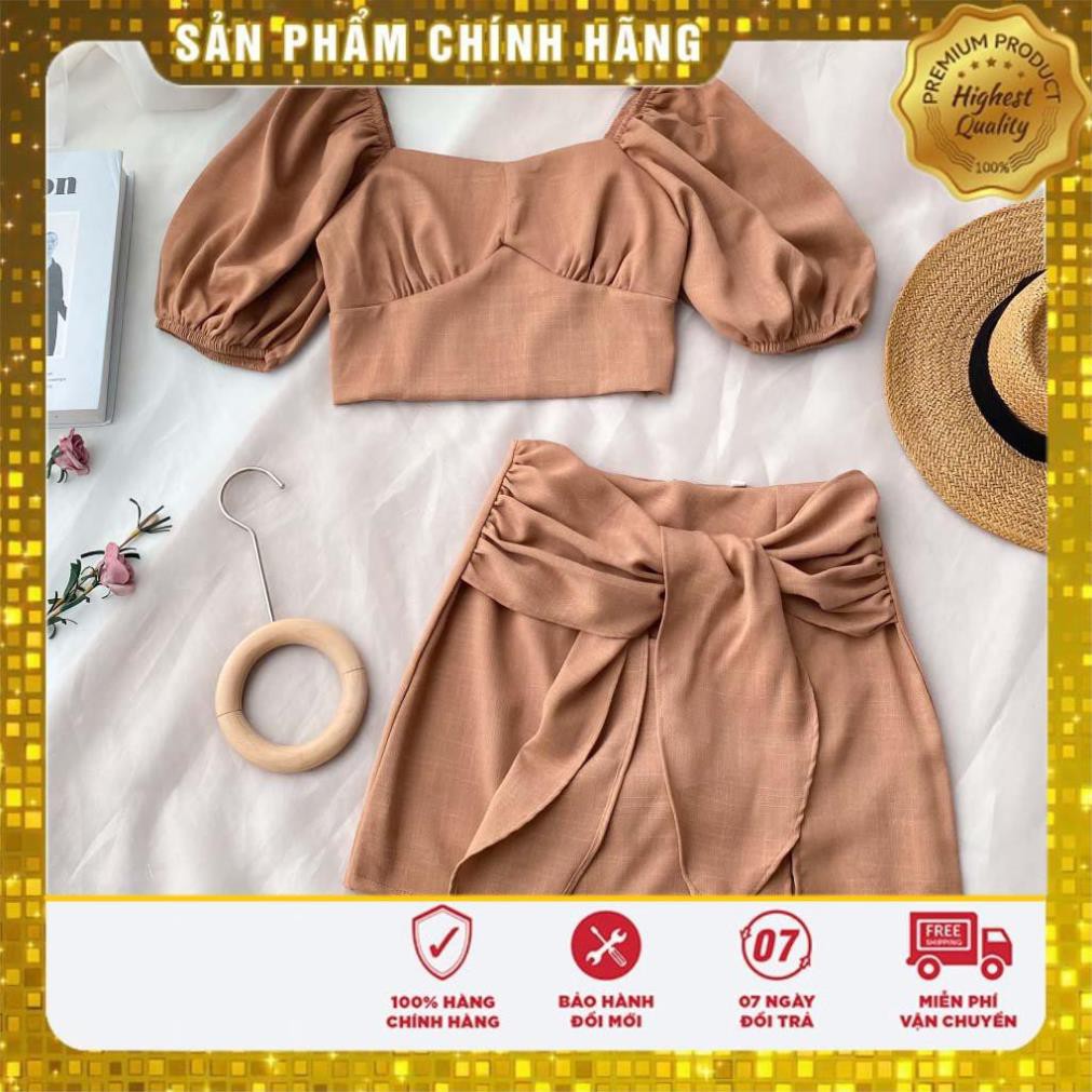 [FLASH_SALE] SET ÁO CỔ VUÔNG + CHÂN VÁY CỘT NƠ - CHẤT LIỆU KAKI NHẬP KHẨU - MÀU XANH NGỌC/NÂU TÂY [HÀNG THIẾT KẾ] | BigBuy360 - bigbuy360.vn