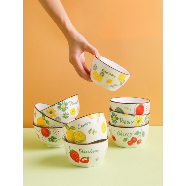 Bát ăn cơm, ăn chè sứ hoạ tiết hoa quả (hình trụ, bát thon)