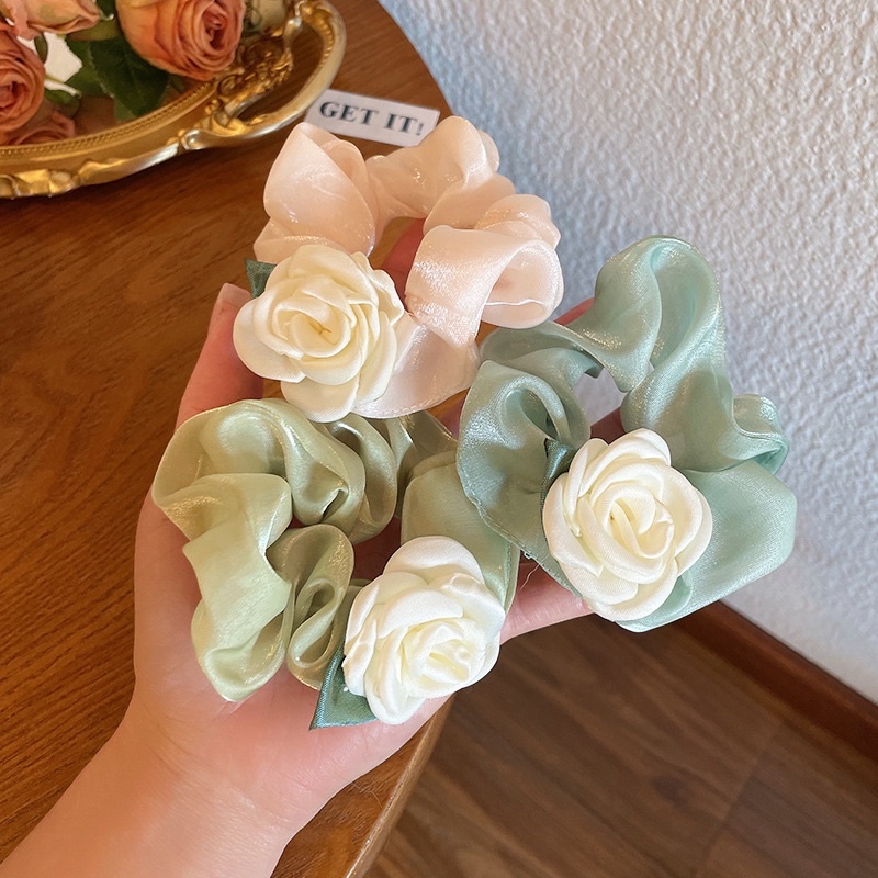 Dây buộc tóc hình hoa trà kiểu retro Pháp dây cột tóc đuôi ngựa nữ tính ngọt ngào