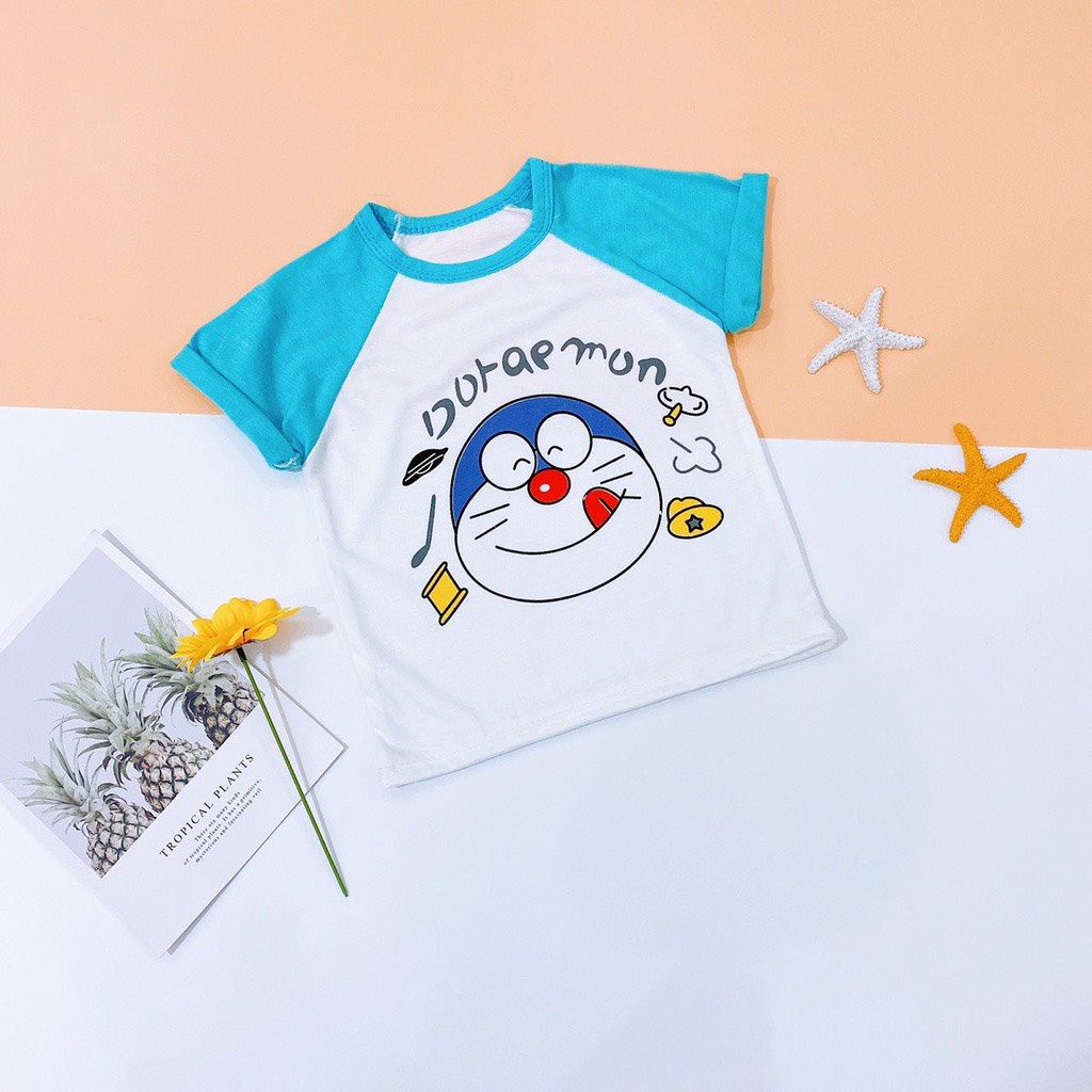 ÁO CỘC TAY DORAEMON PHỐI TAY CHO BÉ TRAI BÉ GÁI 8-18Kg