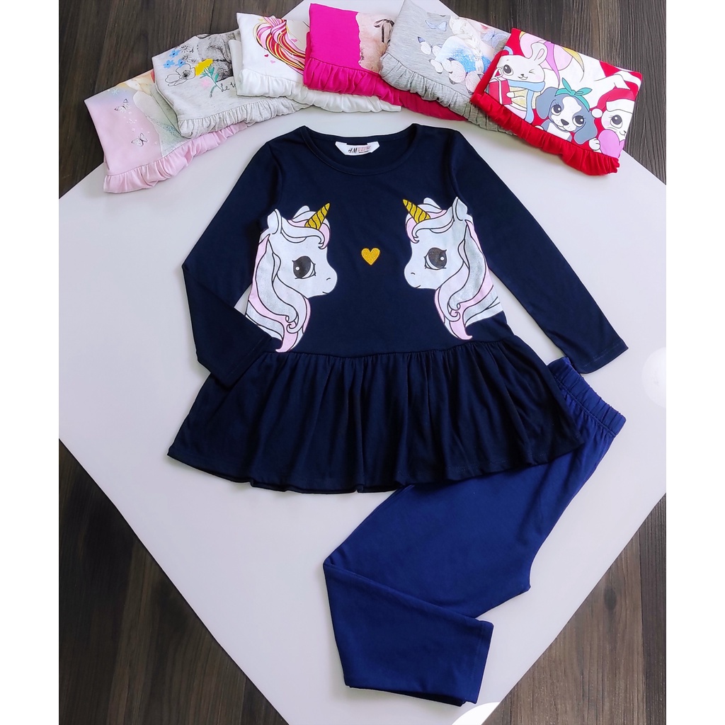 Set áo váy + quần legging thun cotton bé gái 4-14T họa tiết Mèo Thỏ Elsa Pony đáng yêu