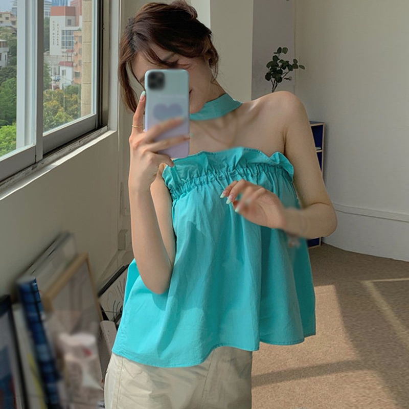 Áo không tay dáng rộng hở lưng màu sắc giản đơn năng động theo phong cách Hàn Quốc