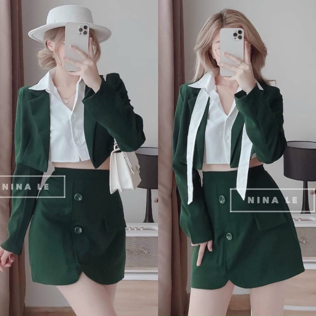 Sét bộ vest 3 món phối áo sơ mi croptop phối áo vest dài tay kèm chân váy,chân váy có lót phù hợp mọi phong cách