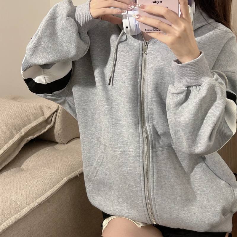 ZHELIHANGFEI Áo Khoác Hoodie Tay Dài Dáng Rộng Họa Tiết Kẻ Sọc Thời Trang