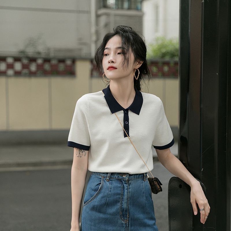 Áo dệt len Xia Bingsi cổ polo dáng ngắn viền đen | BigBuy360 - bigbuy360.vn