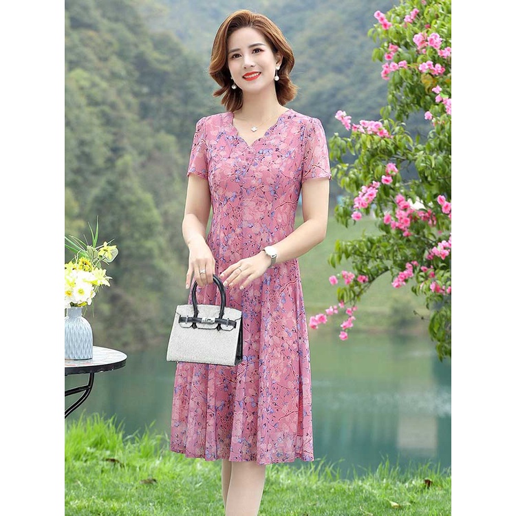 Đầm Chiffon In Hoa Thời Trang Mùa Hè Cho Phụ Nữ Trung Niên 40-50 Tuổi