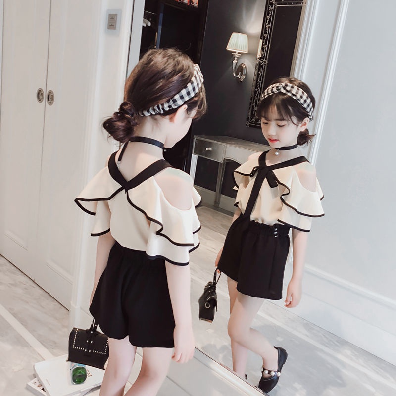 Bộ Áo chiffon Hở Vai + Quần Yếm Thời Trang Mùa Hè 2022 Mới Dành Cho Bé Gái