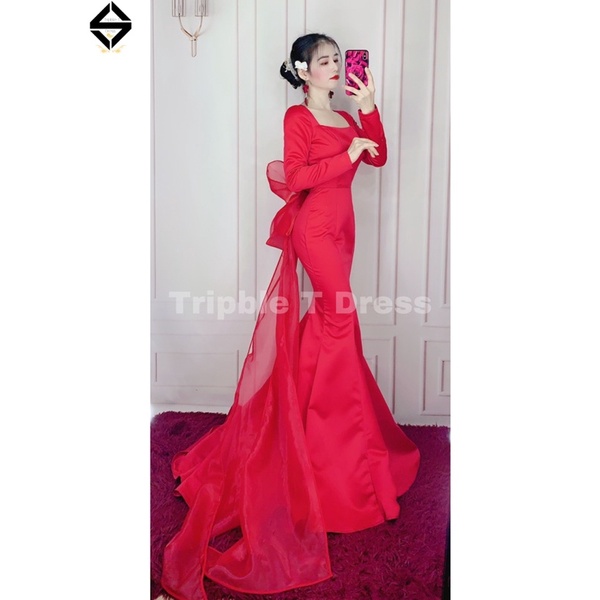Đầm maxi body đuôi cá dài mặc cưới hở lưng tặn kèn nơ lưng 6 cánh siêu to TRIPBLE T DRESS - size S/M/L - MS177Y
