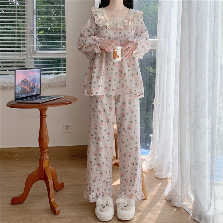 Đồ bộ mặc nhà/ bộ ngủ nơ bèo dài tay họa tiết trái dâu phong cách tiểu thư ngọt ngào