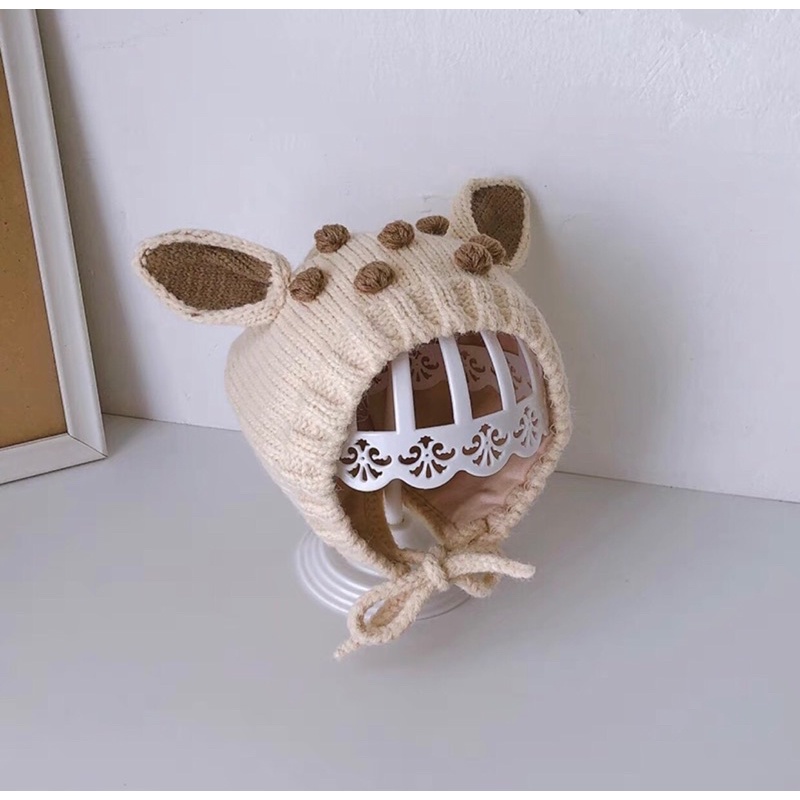 Mũ len hươu cho bé có dây buộc cực xinh 10-36 tháng