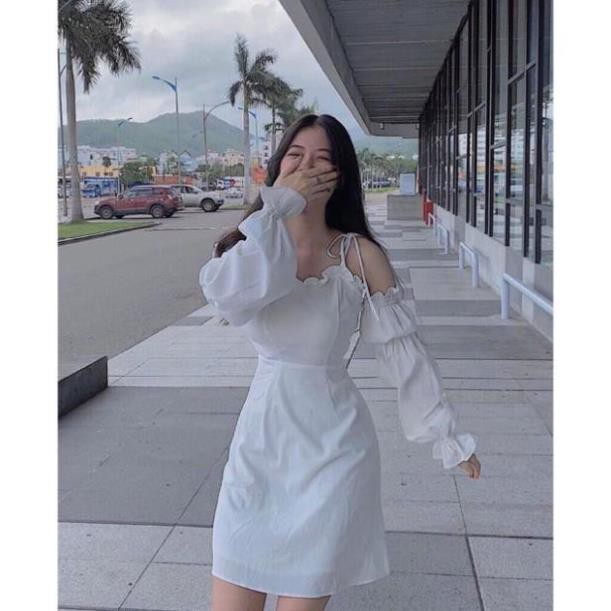 [RẺ VÔ ĐỊCH] Váy Đầm Nữ Trắng Tinh Khôi Hai Dây Tay Phồng Màu Trắng