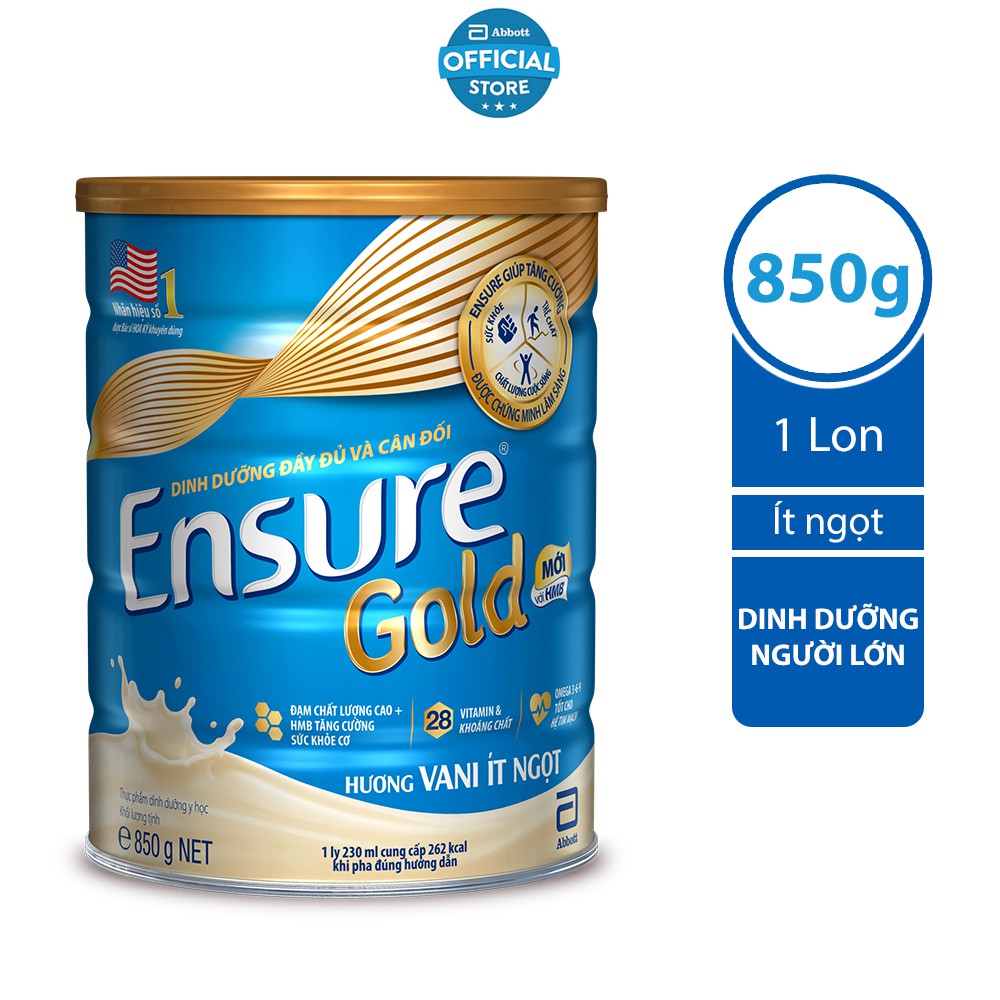 Sữa bột Ensure Gold Abbott ít ngọt  850g