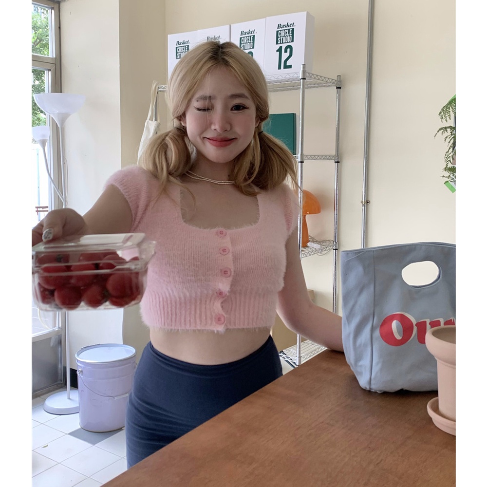 Cocory vn Áo Cardigan Len Dệt Kim Cổ Vuông Ngắn Tay Thời Trang Mùa Hè 7 Màu Dành Cho Nữ