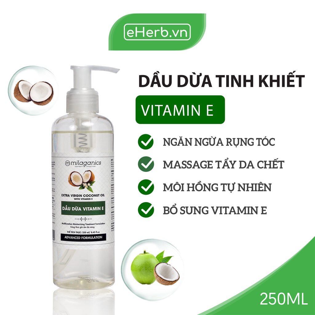 Dầu Dừa Vitamin E Milaganics Nguyên Chất Hữu Cơ Ép Lạnh Mỹ Phẩm, Dưỡng Mi, Dưỡng Tóc, Dưỡng Môi, Dưỡng Da 250Ml (Chai)