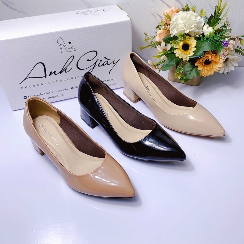 CG23 - Giày công sở da bóng mũi nhọn gót vuông 3p VNXK ( ảnh kèm video)