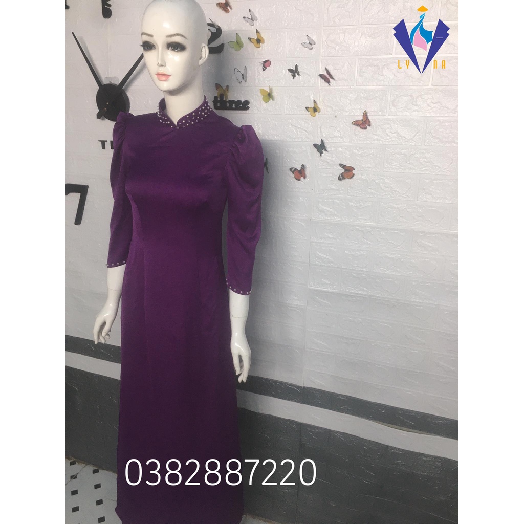 Áo dài lụa Tây Thi tím huế tay bồng đính ngọc siêu đẹp, mềm mịn, mướt, sang cực kỳ.