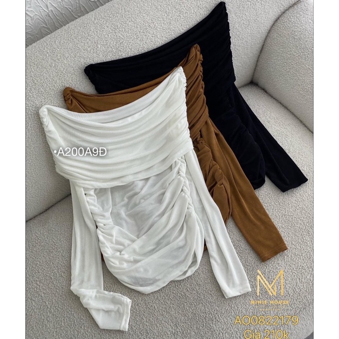 Áo thun bẹt trễ vai tay dài nhúng siêu sang chảnh minie