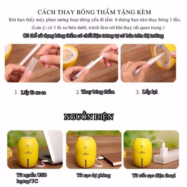 Máy tạo độ ẩm phun sương Lemon Kết Hợp Đèn Ngủ tặng 01 lõi lọc thay thế