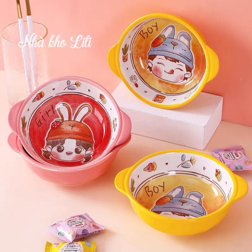 Bát sứ ăn dặm cao cấp họa tiết boy &amp; girl đáng yêu cho bé, dung tích 350ml