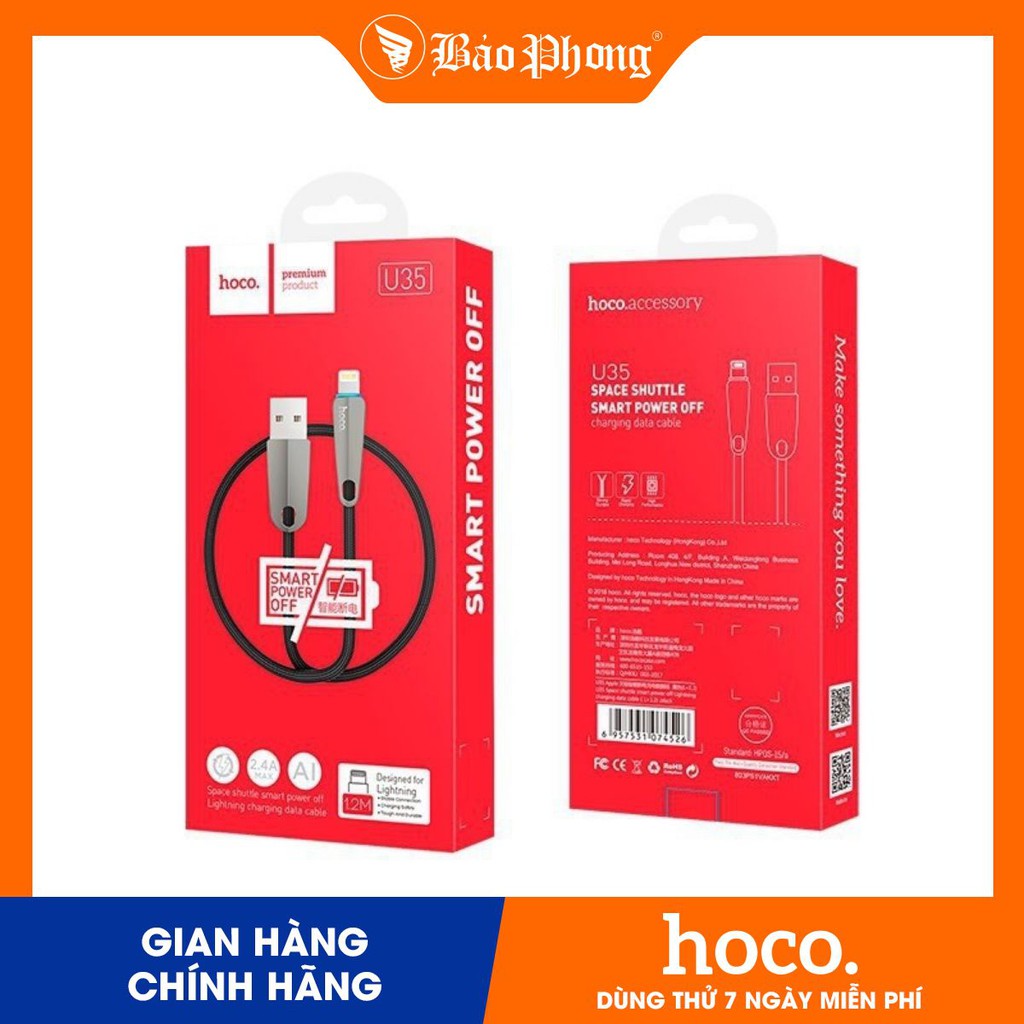 Cáp tự ngắt sạc cho IP HOCO U35 dây dù siêu bền IP tablet táo 5 6 7 8 plus x xs max 11 12 pro giá rẻ dài 1.2m